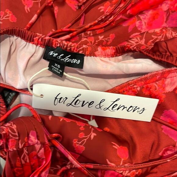 For Love & Lemons Alia Floral Puff Sleeve Tie Back Red Mini Dress Size XS - Picture 8 of 9